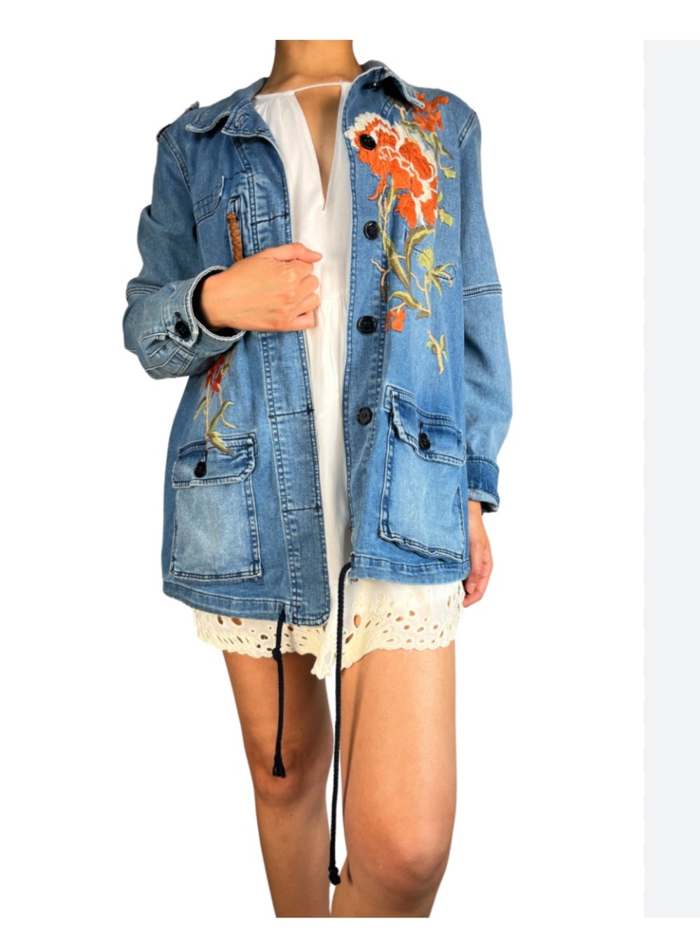 Anthropologie Pilcro Floral Embroidered Denim Anorak Utility Jacket